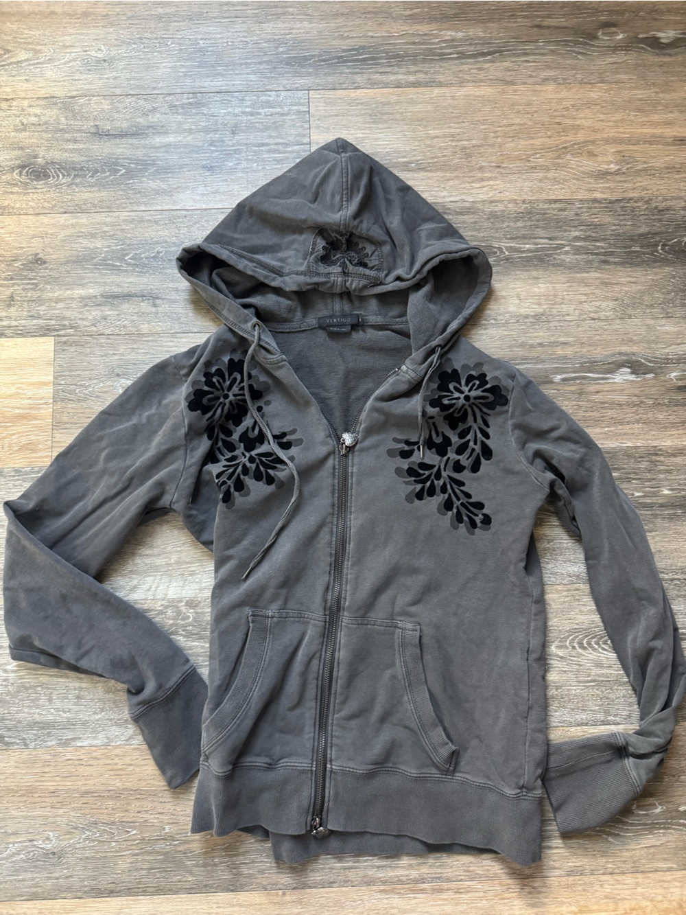 Vertigo Paris Gray Zip-Up Hoodie with Black Velvet Floral Appliqué